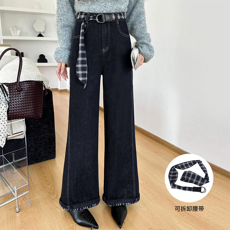 白鹿语复古格纹腰带牛仔裤25秋新款高腰显瘦百搭直筒阔腿拖地长裤,淘宝优惠券,粉丝福利购,淘宝优惠卷