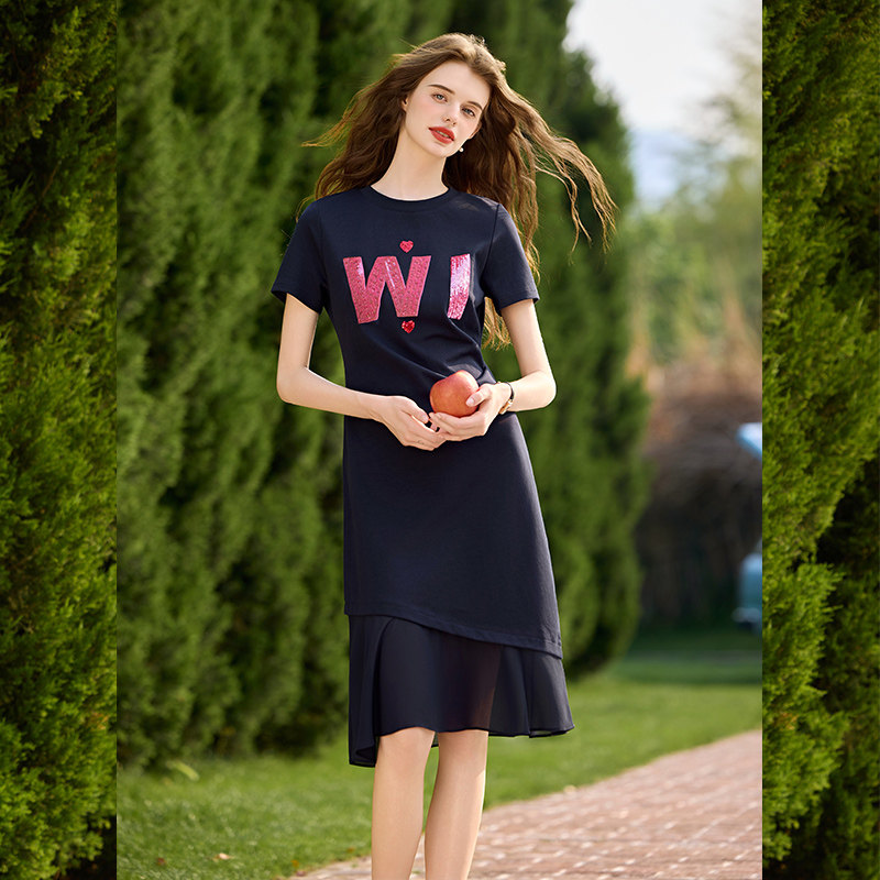 白鹿语设计感褶皱拼接珠片绣鱼尾裙25夏新款T恤裙收腰显瘦连衣裙