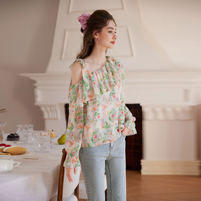 White Deer Speech Ruffle Printed Chiffon Shirt Women's Long Sleeves