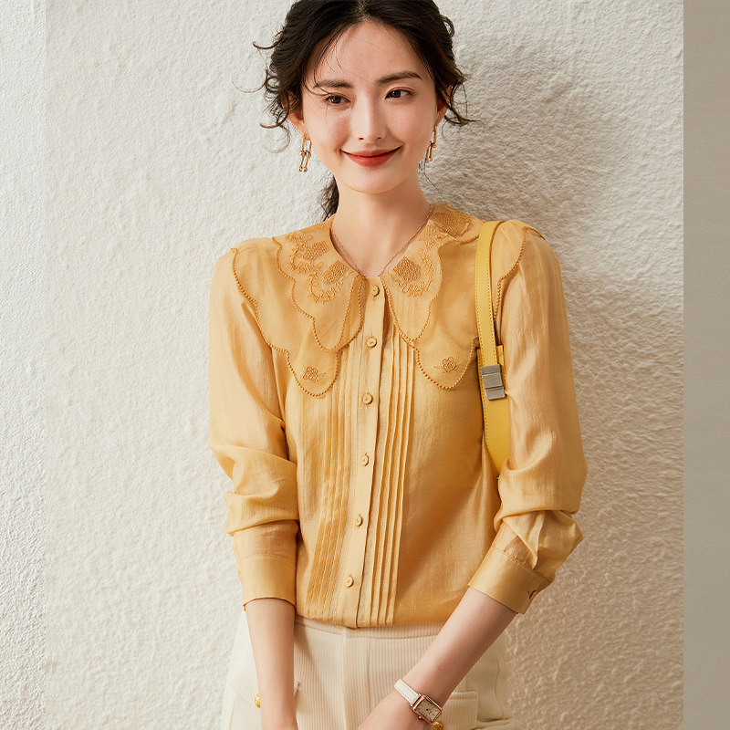 白鹿语娃娃领天丝衬衫秋款甜美减龄小清新