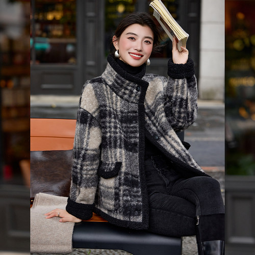 白鹿语小香风两穿格纹加厚外套25秋冬新款韩版小众高级感毛绒大衣 - 图1