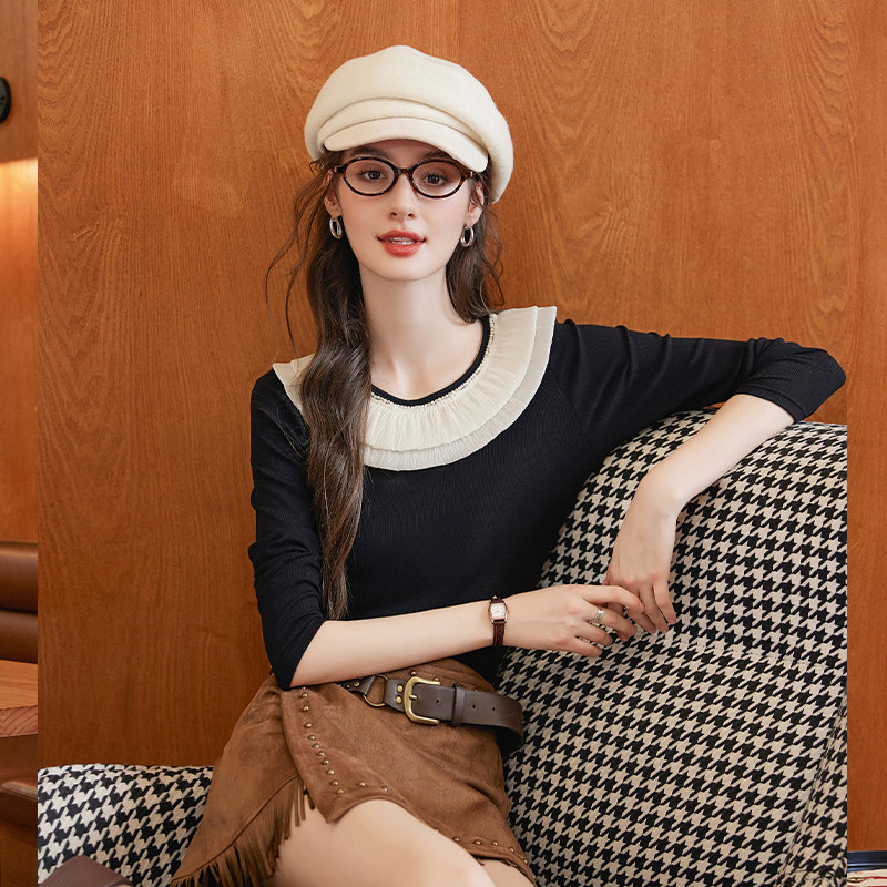 白鹿语法式复古花边钉珠T恤25秋新款撞色设计感修身显瘦长袖上衣,淘宝优惠券,粉丝福利购,淘宝优惠卷