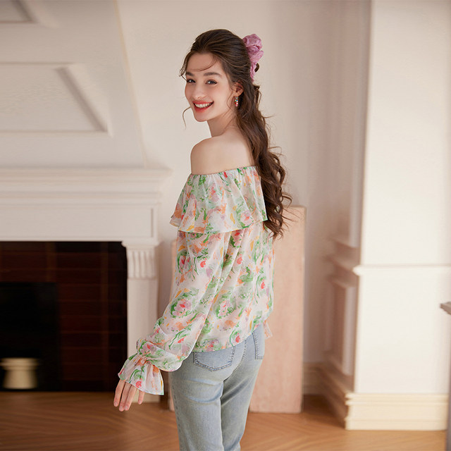 White Deer Speech Ruffle Printed Chiffon Shirt Women's Long Sleeves