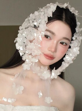 法式风白色花朵头巾新娘仙气花瓣包头帽蕾丝网纱拍照发饰