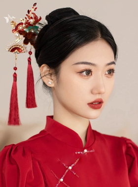 红色绒花流苏中式秀禾头饰新娘