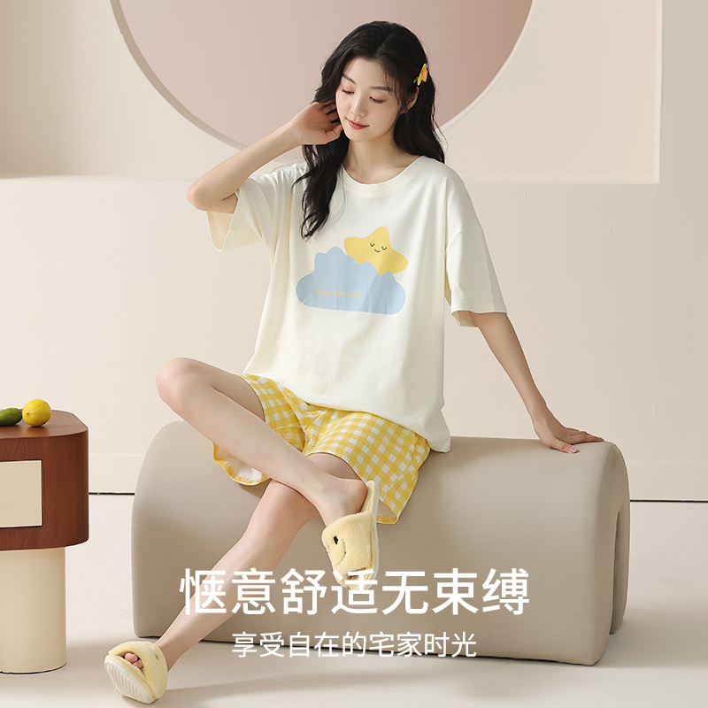 猫人睡衣女夏季短袖2025新款纯棉薄款大码休闲家居服套装可外穿