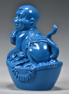 蓝色木雕猴子摆件三合十二生肖猴木头猴家居办公室动物工艺品送礼