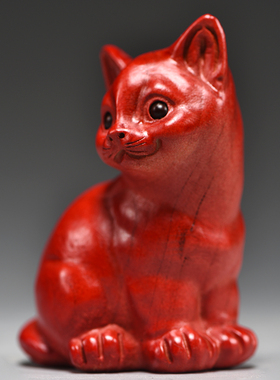 猫咪红色实木质猫咪雕刻摆件动物