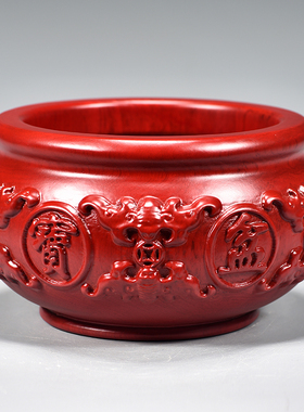 红色木雕刻聚宝盆摆件红木工艺家居客厅装饰聚宝盆店铺开业送礼品