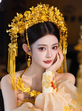 新娘大气龙凤褂汉服金色华丽2026新款中式古风结婚重工大凤冠发饰