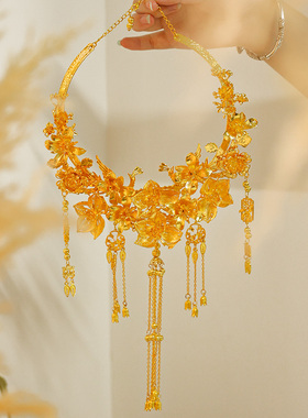 金色项链项圈滑索新娘颈圈秀禾服龙凤褂晨袍花朵重工高级复古项链