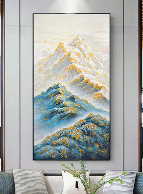 纯手绘油画玄关装饰画走廊过道挂画金山新中式孔雀蓝高级感大芬村