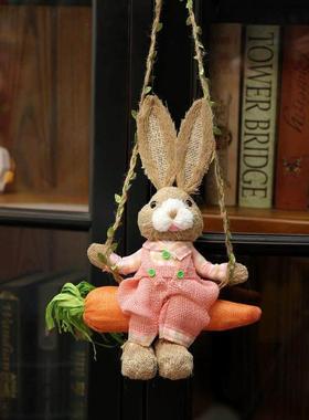 手工草兔秋千墙挂件幼儿园餐厅花园阳台森林风格民宿装饰饰品