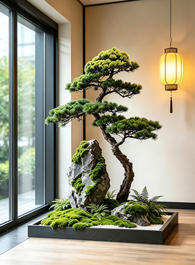 新中式仿真迎客松树室内楼梯下造景植物景观玄关橱窗装饰绿植假树