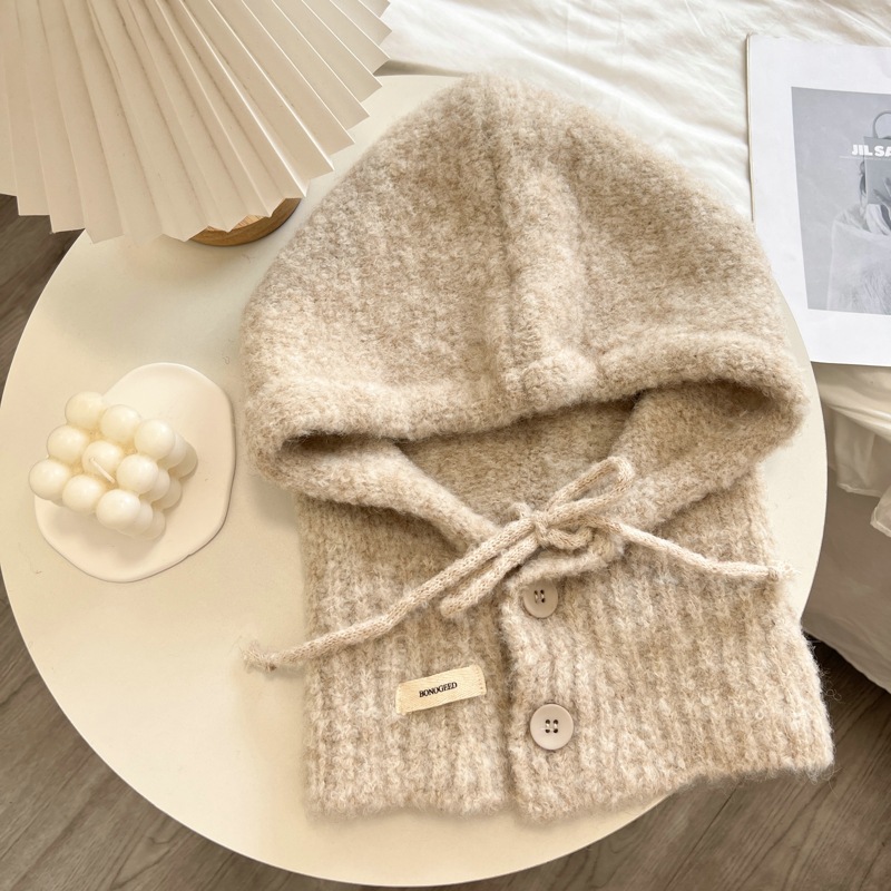 韩国巴拉克拉法帽子围巾一体女秋冬季保暖护耳连帽围脖针织毛线帽 - 图3