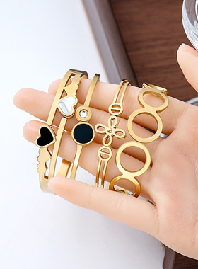 森系韩式简约时尚蝴蝶手镯 不锈钢黑白拼接爱心手环几何圆圈镂空