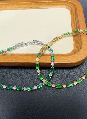 时尚绿色长方锆石手链复古小众轻奢精致彩虹多巴胺超闪细链手