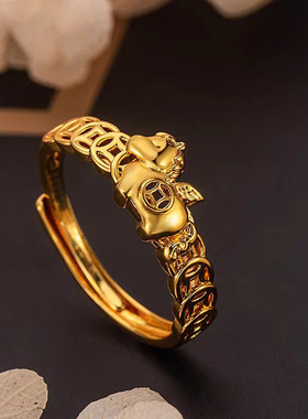 新款小马铜钱戒指马上有钱女新中式复古时尚可调节百搭饰品送礼物
