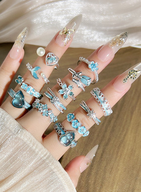 国风冰川蓝色渐变清冷感液态蝴蝶戒指女轻奢冷淡风甜酷时尚食指戒