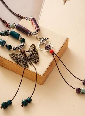 国风马面裙上衣搭配项链配饰新中式蝴蝶璎珞流苏吊坠古风汉服旗袍