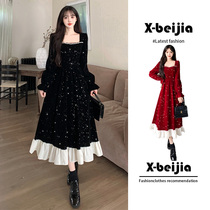 Spring autumn micro-fat MM French style little fragrant Herbena slim velvet dress High level Luxury Temperament Birthday Gown