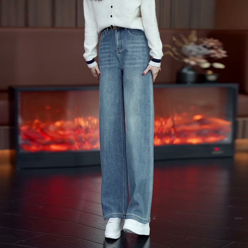 浅蓝色阔腿牛仔裤女秋冬加绒加厚2025新款高腰宽松垂感直筒裤子冬,淘宝优惠券,粉丝福利购,淘宝优惠卷