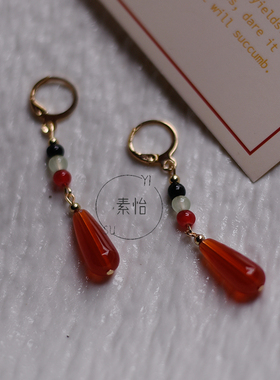 素饴新中式仿红玛瑙水滴耳环