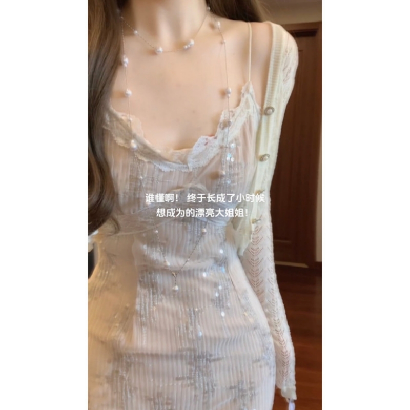 韩系高级感穿搭套装女夏季蕾丝修身v领吊带连衣裙+长袖针织开衫潮 - 图3
