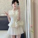 Korean-style gold-tone sleeveless top, high-waisted puffy skirt