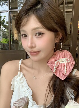 韩国新款樱桃格子珍珠方巾发圈红色系马尾发绳扎发皮筋蝴蝶结头花