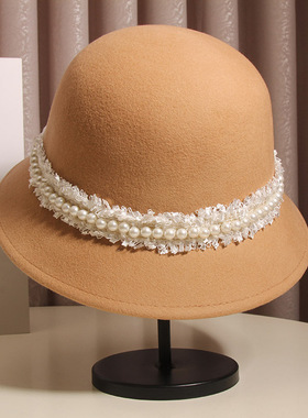 法式赫本优雅珍珠羊毛呢渔夫帽女