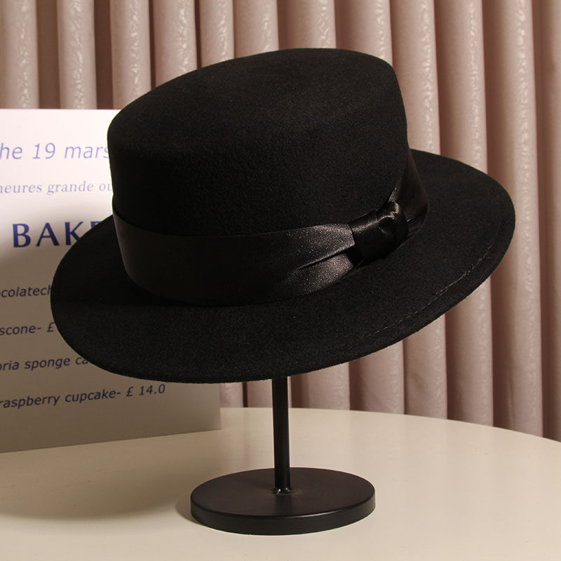 秋冬黑色平沿英伦复古法式羊毛毡帽 古仙蔓帽子