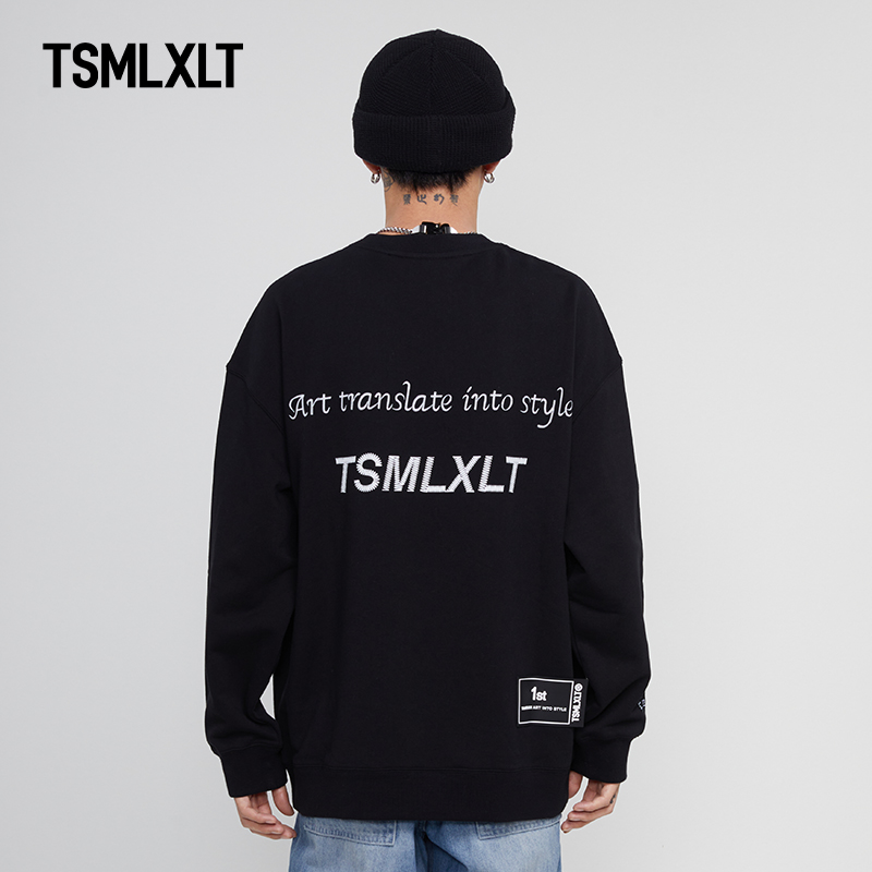 TSMLXLT TT潮牌黑色圆领卫衣时尚情侣个性长袖上衣宽松印花套头衫