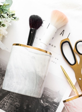 大理石纹金边化妆刷收纳桶装饰品