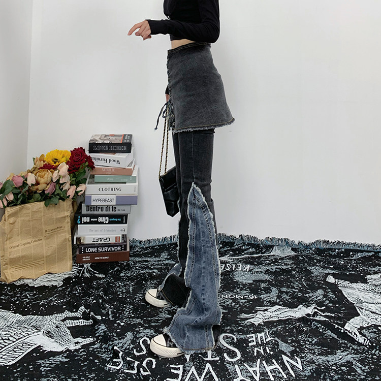 女士高腰拼色弹力千禧微喇叭牛仔裤 ladadee牛仔裤