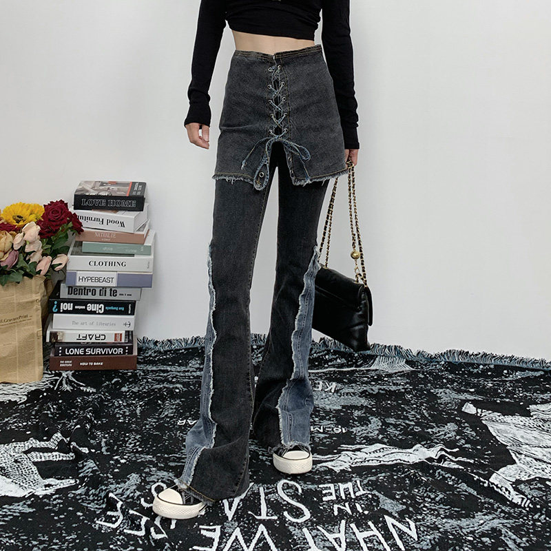 女士高腰拼色弹力千禧微喇叭牛仔裤 ladadee牛仔裤