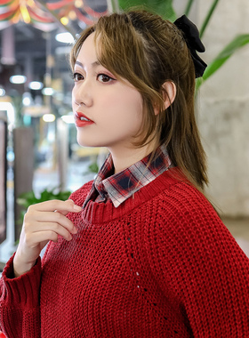 红格子女款百搭风毛衣卫衣假领