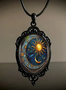 迷人的椭圆形玻璃吊坠项链-迷人的黑色框架中的太阳和月亮珠宝
