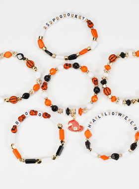 万圣节手链 人造水晶软陶串珠手串 南瓜幽灵蝙蝠帽子吊坠派对手链