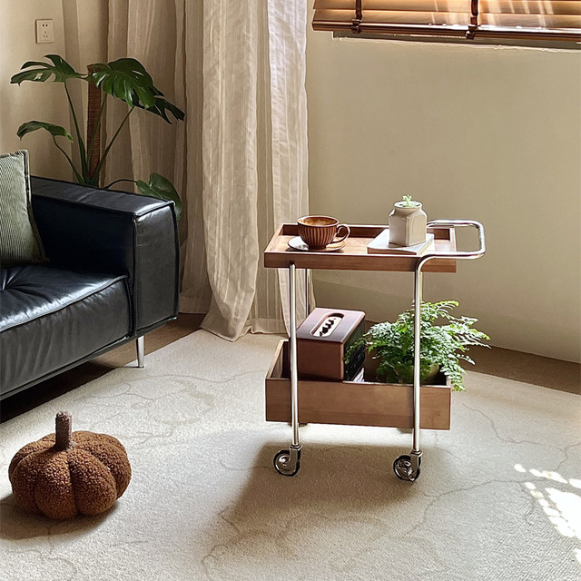 Nordic movable trolley stainless steel household storage trolley ins style wood color sofa side storage rack