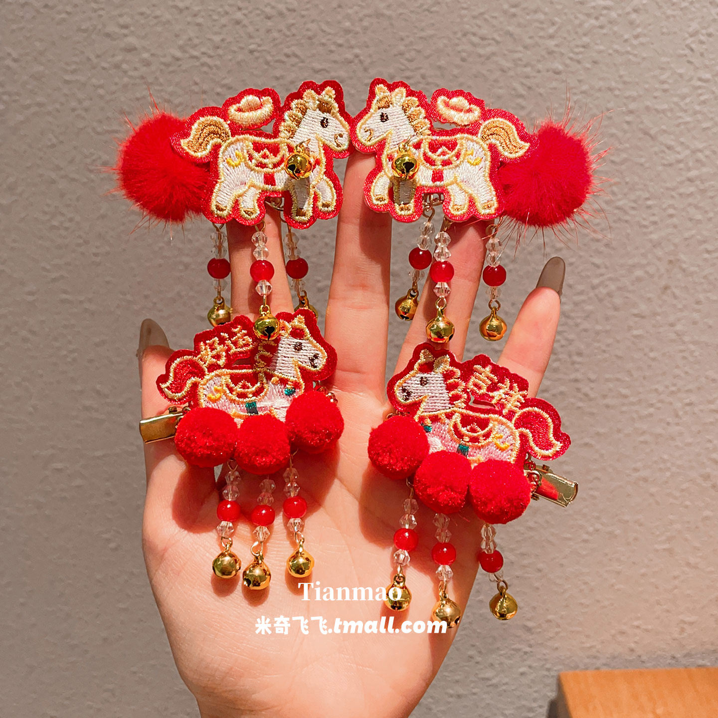 儿童新年红色流苏发夹汉服头饰女童马年喜庆刺绣对夹宝宝拜年头饰,淘宝优惠券,粉丝福利购,淘宝优惠卷