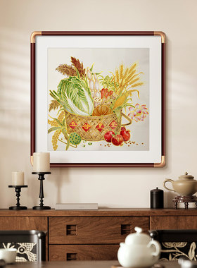 五谷丰登餐厅装饰画新中式饭厅餐桌鎏金挂画饭店茶室玄关招财壁画