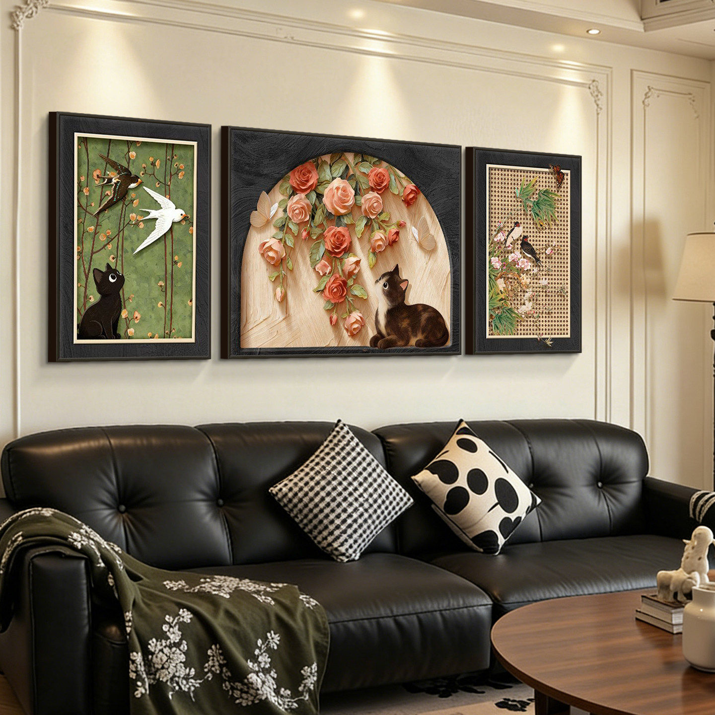 中古风猫咪客厅挂画高级感法式复古花卉沙发背景墙装饰画玫瑰壁画,淘宝优惠券,粉丝福利购,淘宝优惠卷