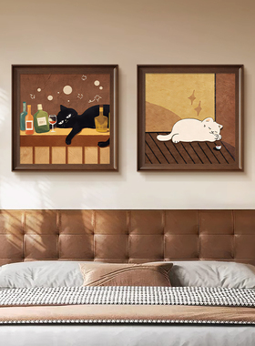 中古风猫咪卧室装饰画床头趣味可爱复古斗柜摆台摆画餐厅小众挂画