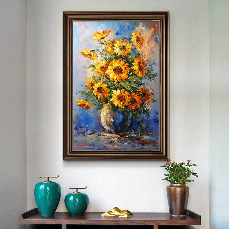 向日葵油画名画装饰画美式入户玄关挂画免打孔客厅壁画肌理高级感,淘宝优惠券,粉丝福利购,淘宝优惠卷