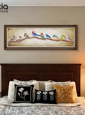 网红美花鸟床装饰复画室挂头画主高档大气卧古油卧画背景装饰墙壁