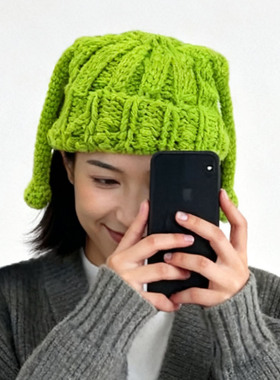 绿色帽子女秋甜美搞怪针织毛线帽