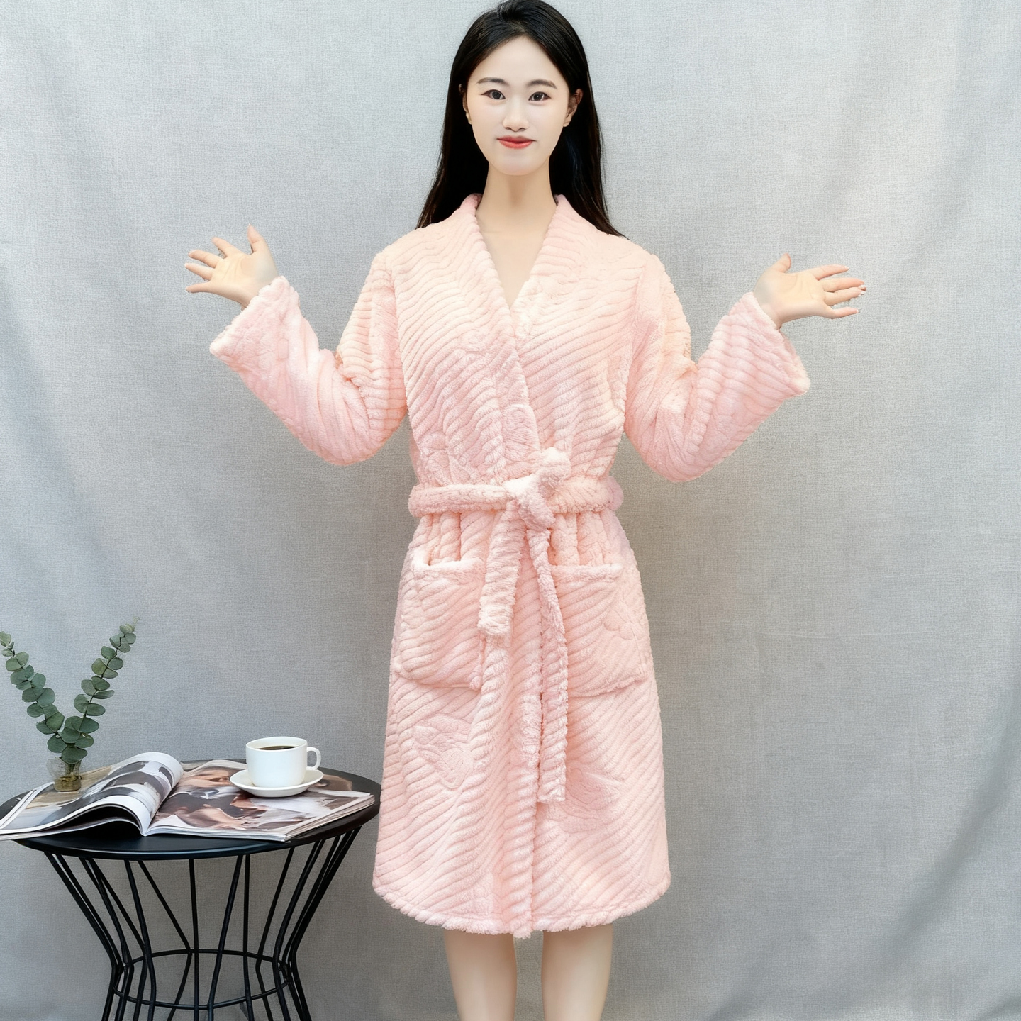 珊瑚绒睡袍秋冬季女士洗完澡可穿吸水速干浴袍加厚保暖法兰绒睡衣 - 图1