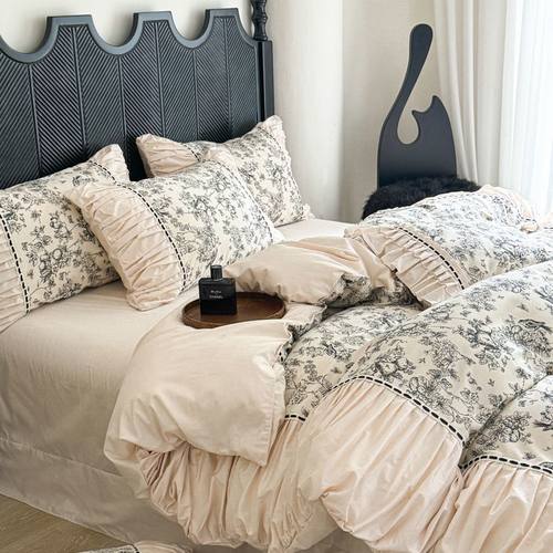 法式全棉磨毛床上四件套2024新款复古褶皱被套纯棉长绒棉柔软床品 - 图2