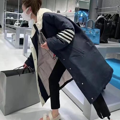 TUMA TB白鸭绒中长款羽绒服白边门禁外套情侣款宽松羽绒派克大衣 - 图1